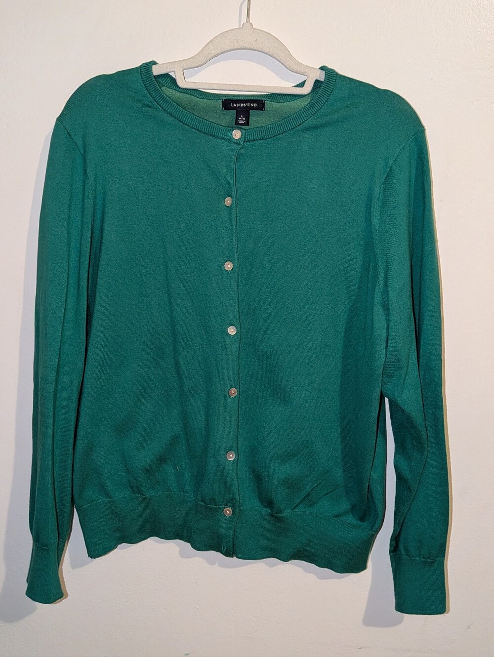 Lands' End Women's Green Button-Front Crewneck Cardigan Size L